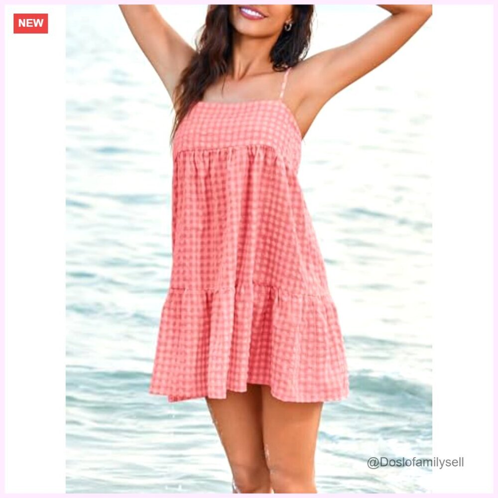 Summer Plaid Mini Dress Spaghetti Strap Sleeveless A-Line Beach Sundress with - Picture 3 of 7